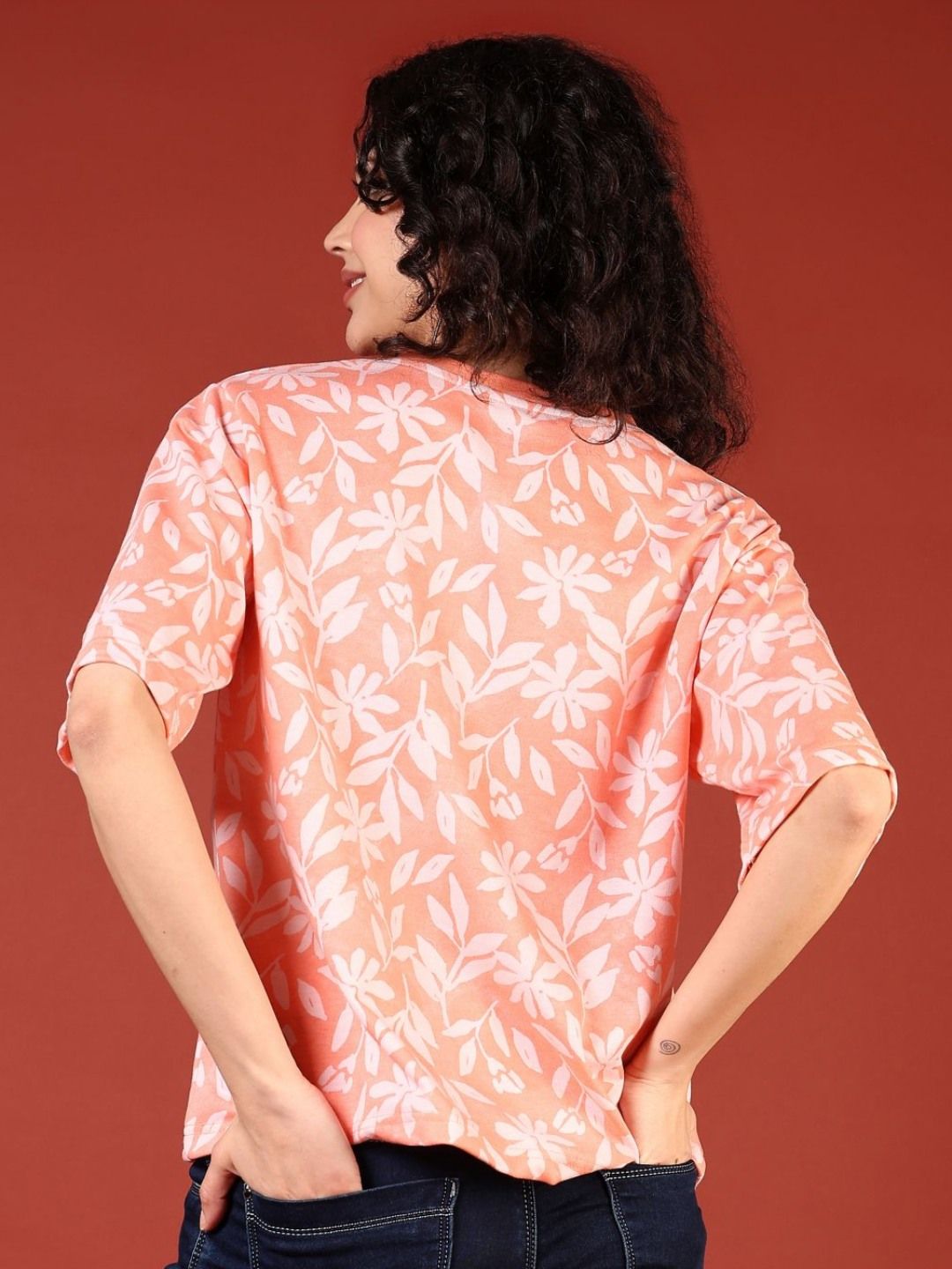 v mart women floral printed raw edge boxy t shirt
