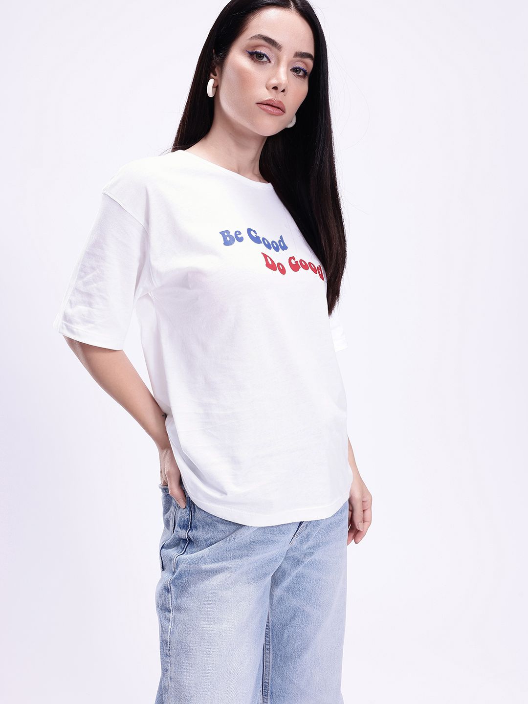 kook n keech women typography printed drop shoulder sleeves oversized pure cotton t shirt