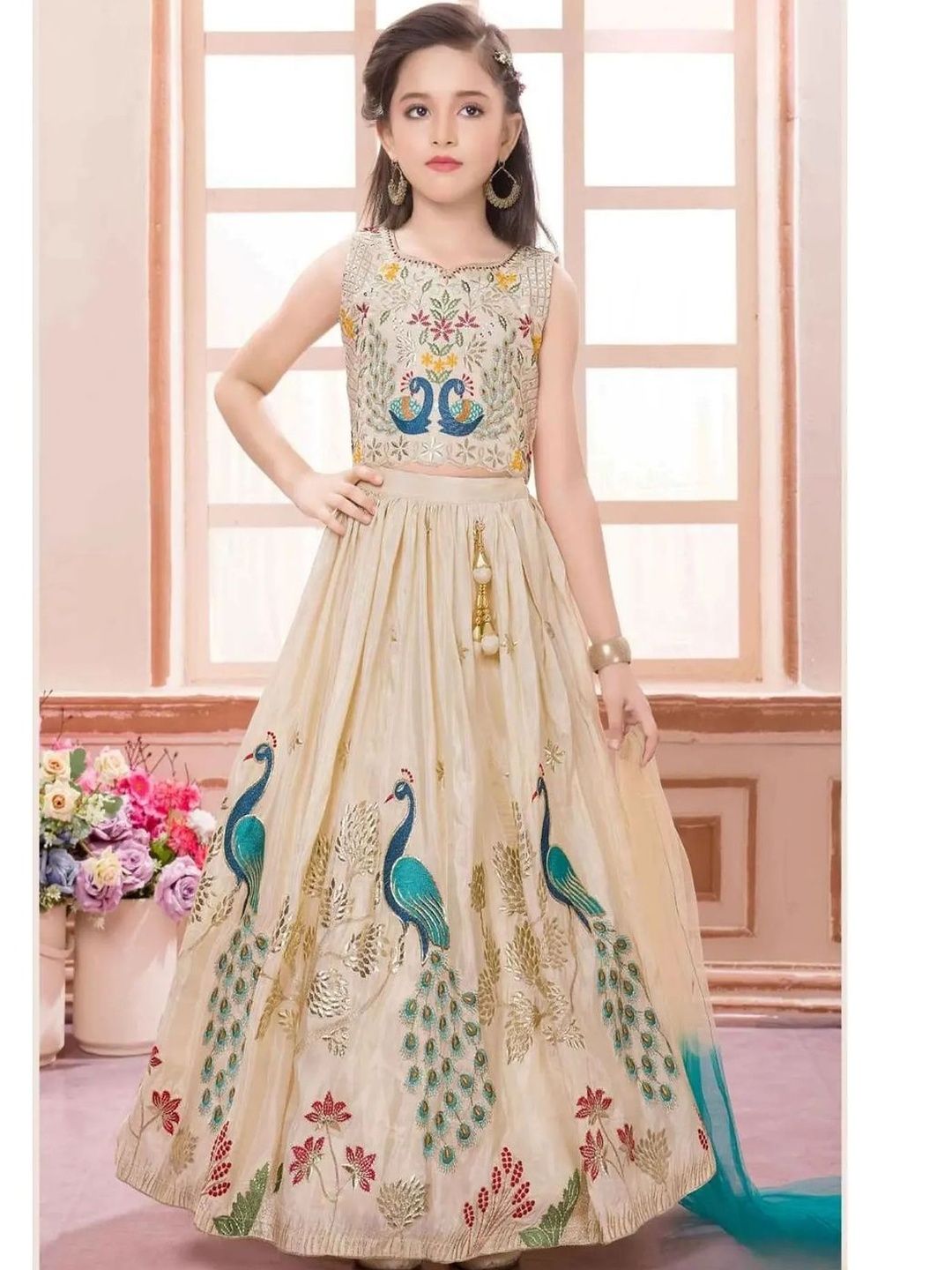 nkv girls embroidered thread work foil print ready to wear lehenga & nkv girls embroidered thread work foil print ready to wear lehenga &